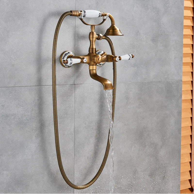 Antique Brass Bathtub Shower Faucet Bathroom Dual Handle
