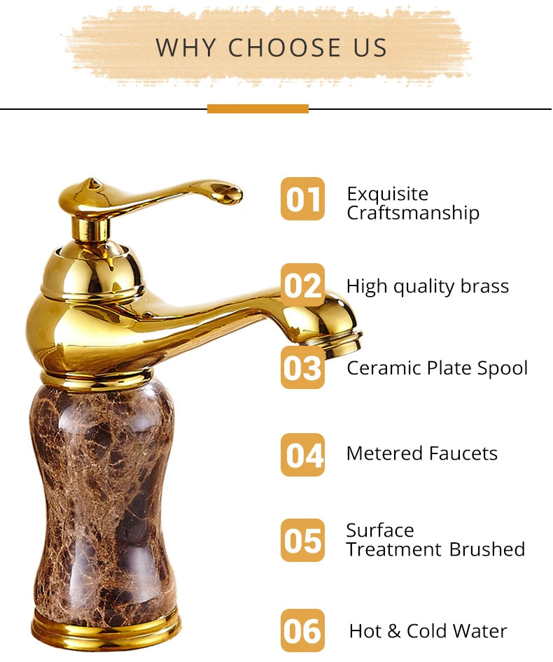 Luxury Golden Faucet Coffee Color Marble Bathroom Sink