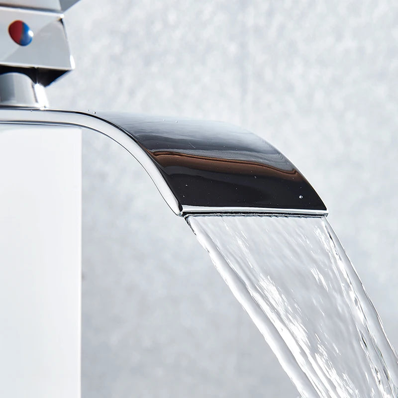 Brushed Gold Bathroom Basin Faucet Deck Mounted Waterfall