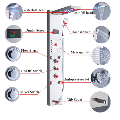 Black/Brushed Stainless Steel 5-Function Waterfall Rain Shower