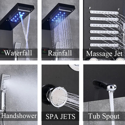 Black/Brushed Stainless Steel 5-Function Waterfall Rain Shower
