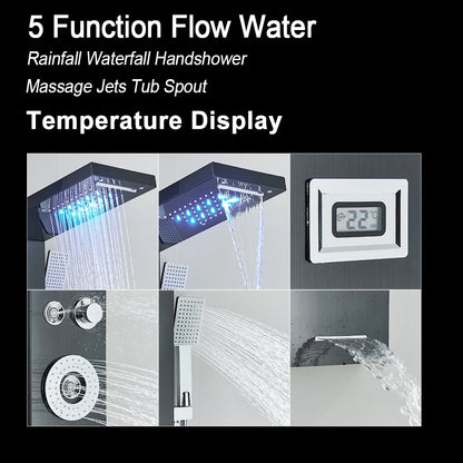 Black Led Shower Panel Waterfall Rain Shower Faucet