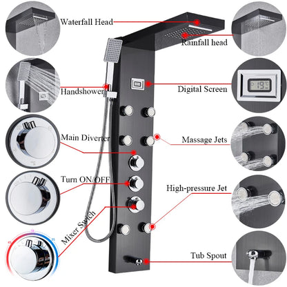 Black Bath Shower Thermostatic Mixer Shower Panel Rainfall
