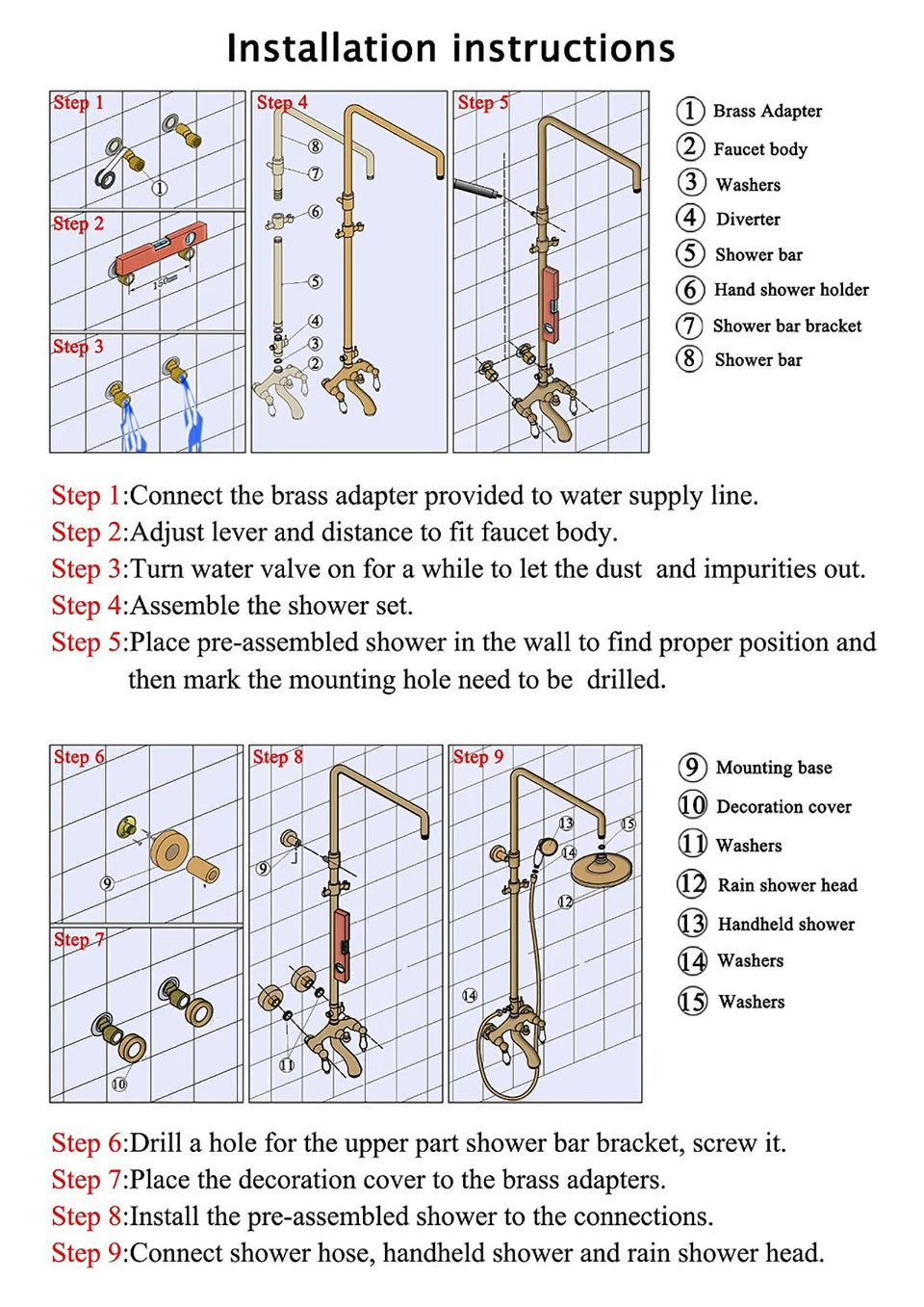 Bathroom Thermostatic Shower Faucet Rainfall Head Wall Mounted