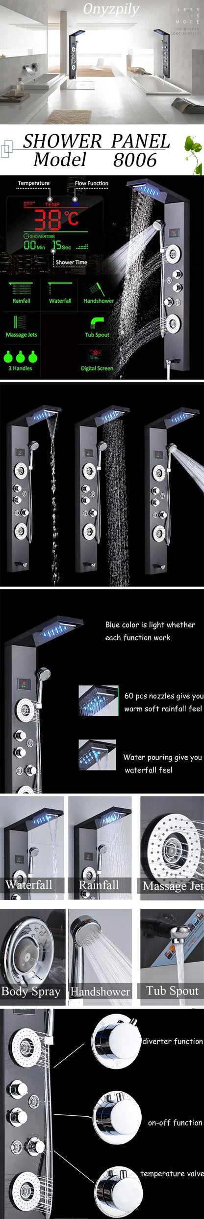Luxury Black/Brushed Bathroom Led Shower Panel Tower System