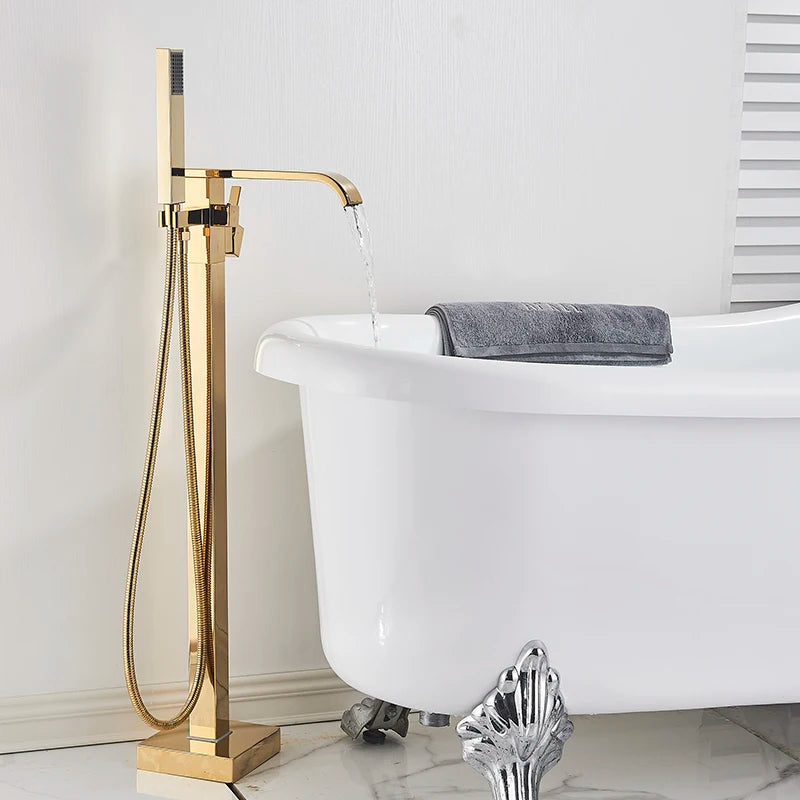 Shbshaimy Golden Floor Bathroom Bathtub Faucet Handshower Cold