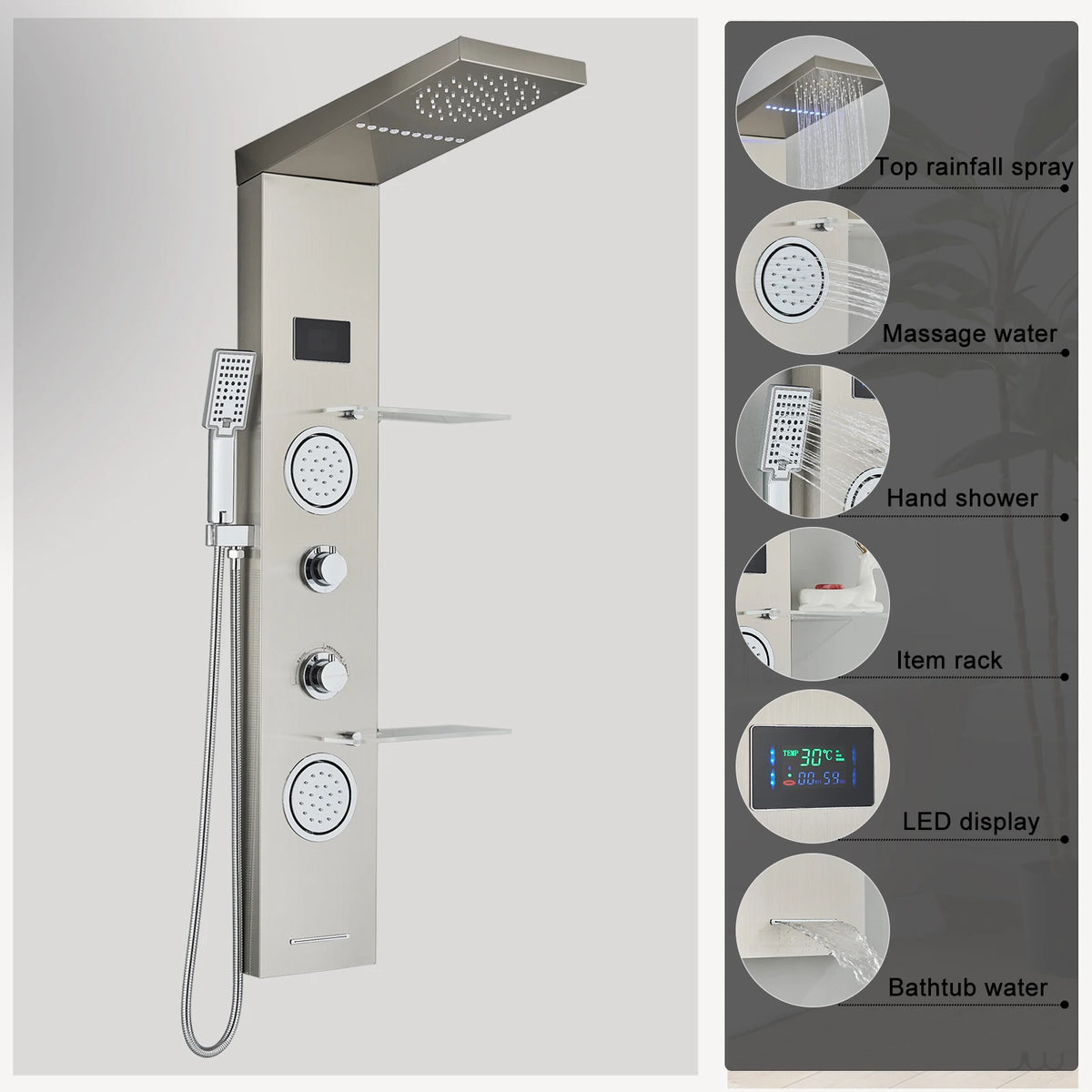 Luxury Black/Brushed Bathroom Led Shower Panel Tower System