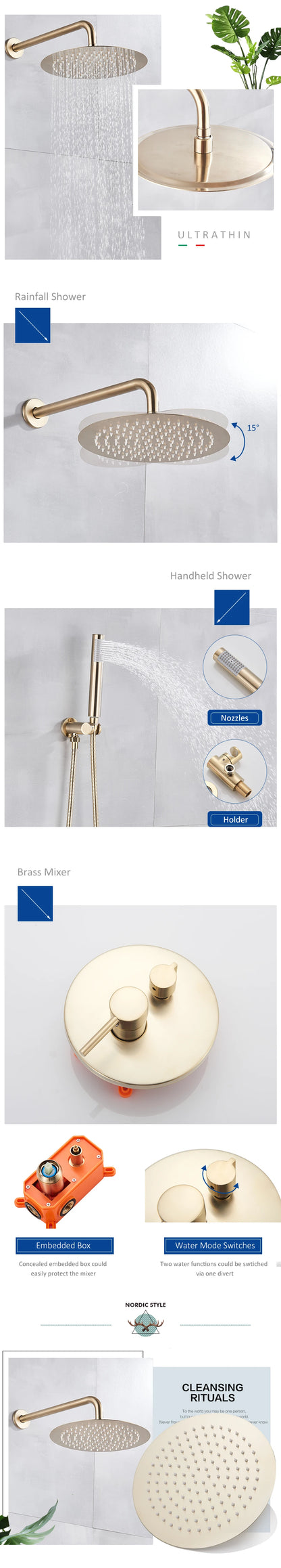 Gold Brushed Shower Faucets 2/3 Way Concealed Shower