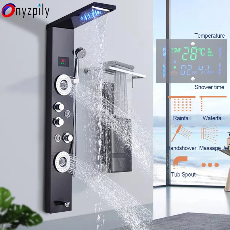 Luxury Black/Brushed Bathroom Led Shower Panel Tower System