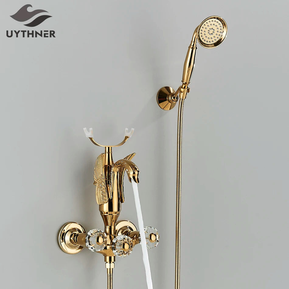 Luxury Golden Bathroom Swan Bathtub Faucet Wall Mounted