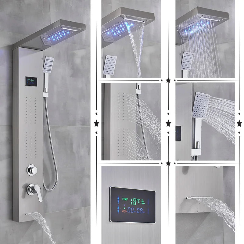 Black/Brushed Bathroom Shower Faucet Led Rainfall Head Shower