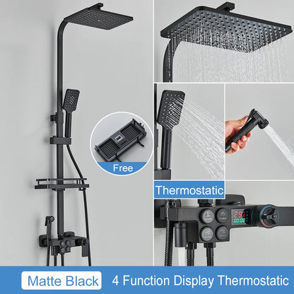 Black Thermostatic Lcd Shower Faucet Temperature Display Rainfall
