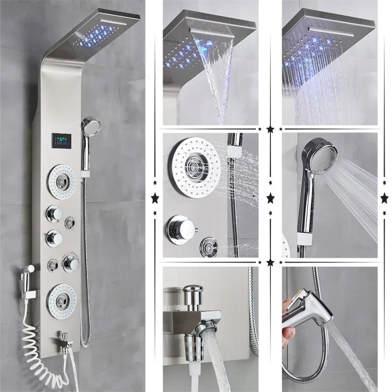 Luxury Black/Brushed Bathroom Shower Faucet Led Rainfall Shower
