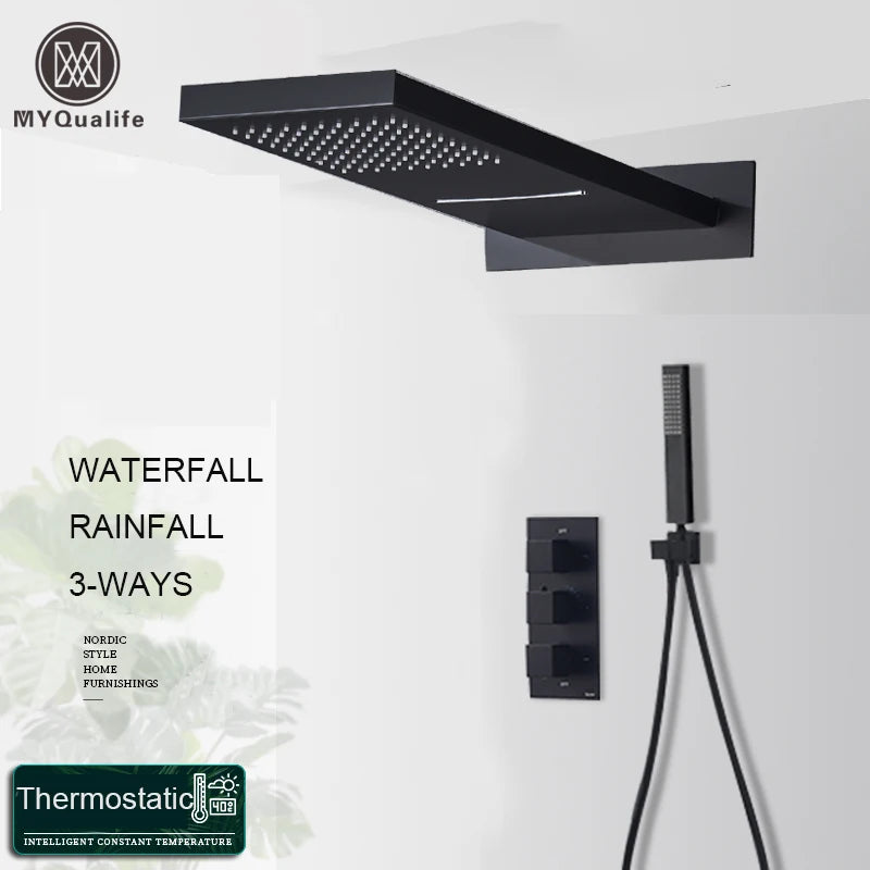 Matte Black Rain Waterfall Shower Thermostatic Mixer Bath