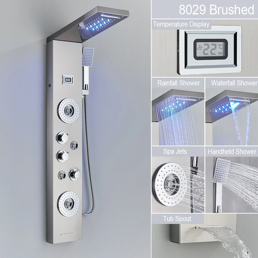 Black Led Shower Panel Waterfall Rain Shower Faucet