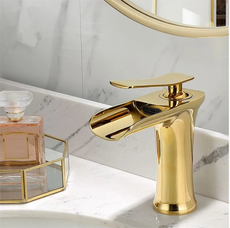 Basin Faucet Gold Waterfall Faucet Brass Bathroom Faucet