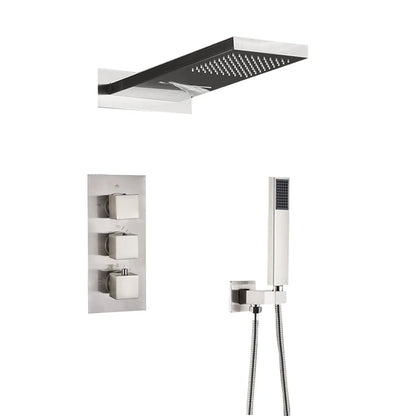 Matte Black Rain Waterfall Shower Thermostatic Mixer Bath