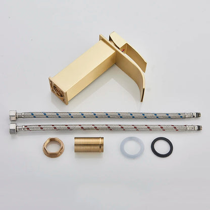 Brushed Gold Bathroom Basin Faucet Deck Mounted Waterfall