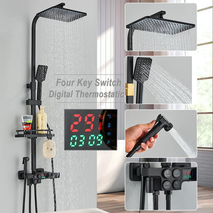 Black Thermostatic Lcd Shower Faucet Temperature Display Rainfall
