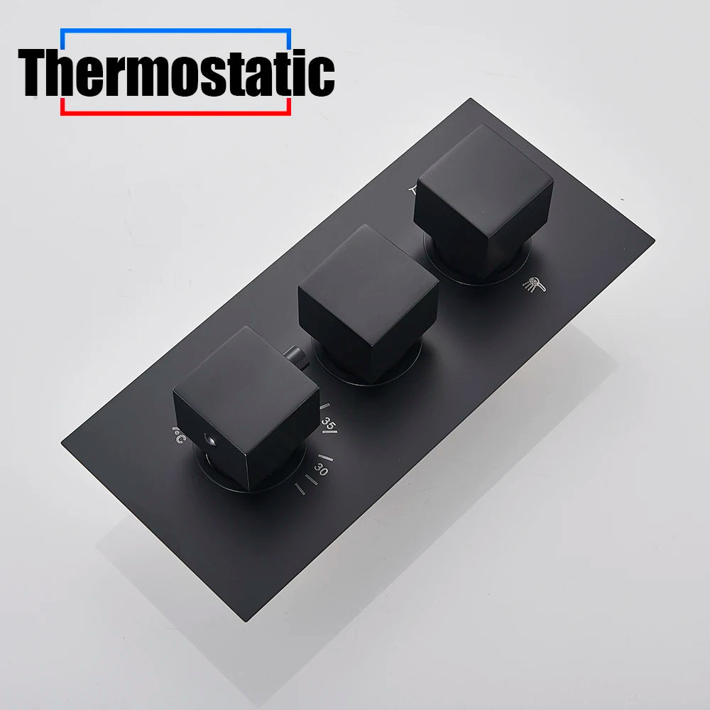 Matte Black Rain Waterfall Shower Thermostatic Mixer Bath