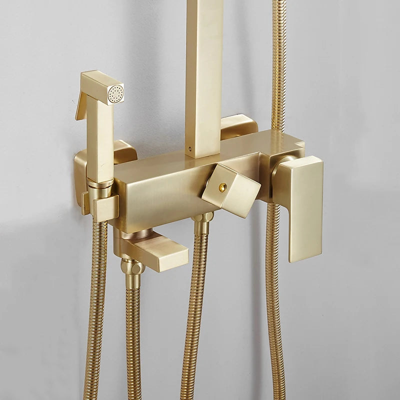 Bathroom Brushed Golden Shower Faucet Wall Mount Rainfall