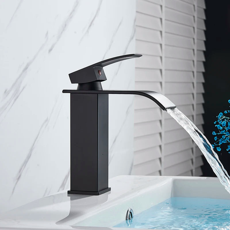 Brushed Gold Bathroom Basin Faucet Deck Mounted Waterfall