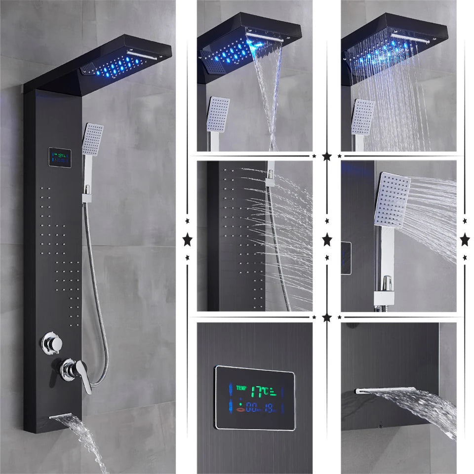 Black/Brushed Bathroom Shower Faucet Led Rainfall Head Shower