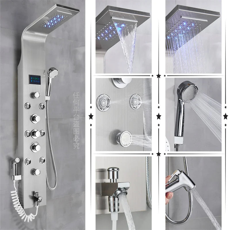 Luxury Black/Brushed Bathroom Shower Faucet Led Rainfall Shower
