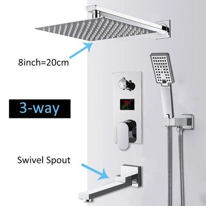 Chrome Bathroom Digital Display Shower Faucet Rainfall Shower