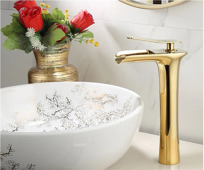 Basin Faucet Gold Waterfall Faucet Brass Bathroom Faucet