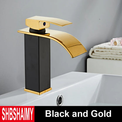 Brushed Gold Bathroom Basin Faucet Deck Mounted Waterfall