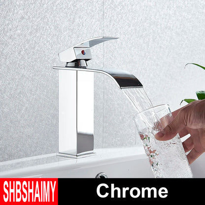 Brushed Gold Bathroom Basin Faucet Deck Mounted Waterfall