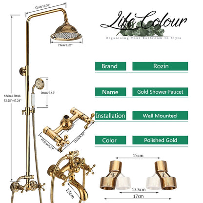 Rozin Gold Bathroom Shower Faucet Wall Mounted Brass