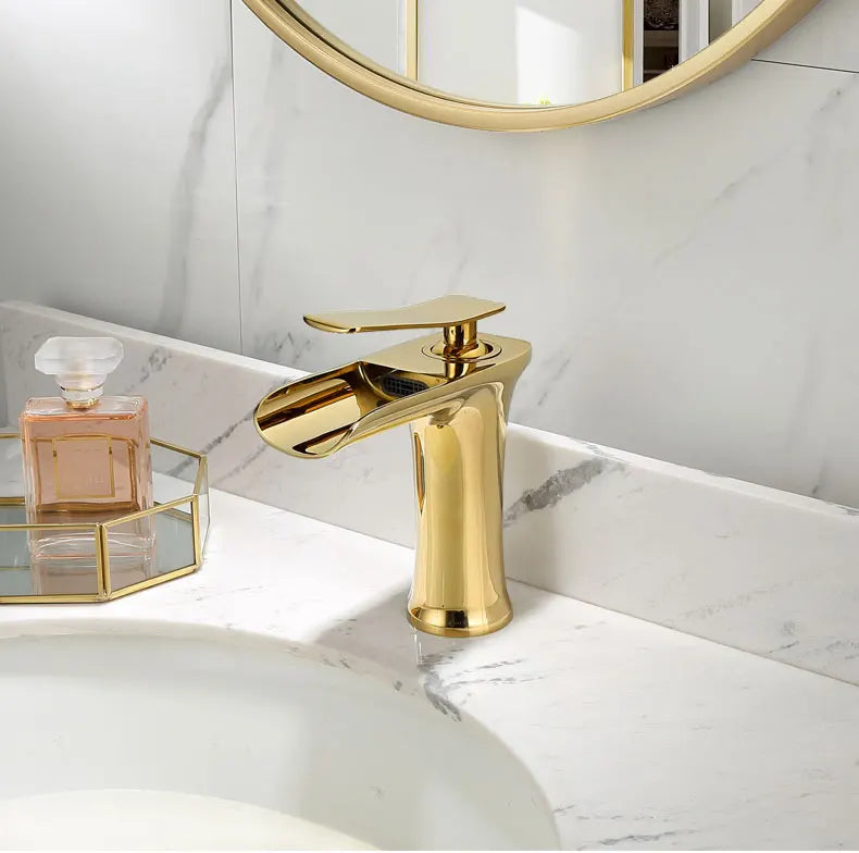 Basin Faucet Gold Waterfall Faucet Brass Bathroom Faucet