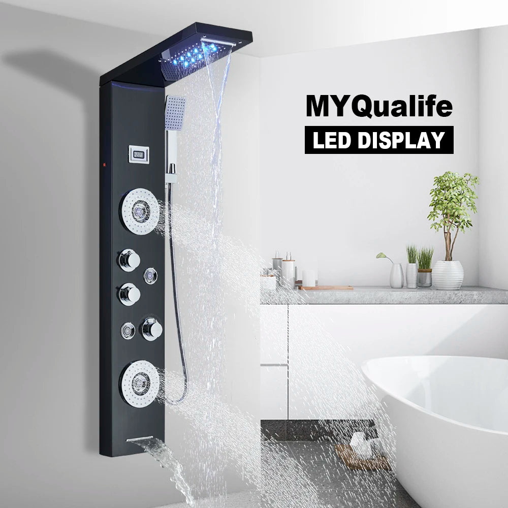 Black Led Shower Panel Waterfall Rain Shower Faucet