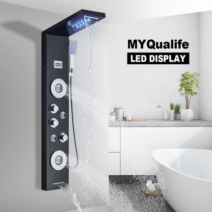 Black Led Shower Panel Waterfall Rain Shower Faucet