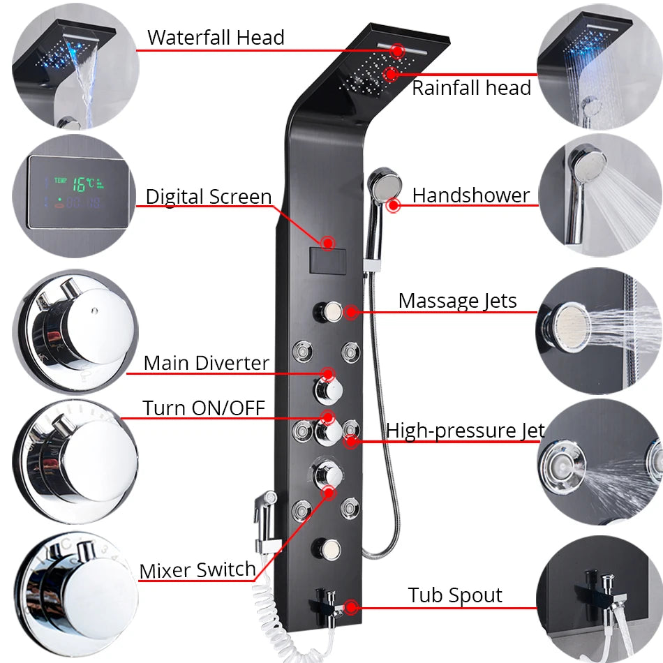 Luxury Black/Brushed Bathroom Shower Faucet Led Rainfall Shower