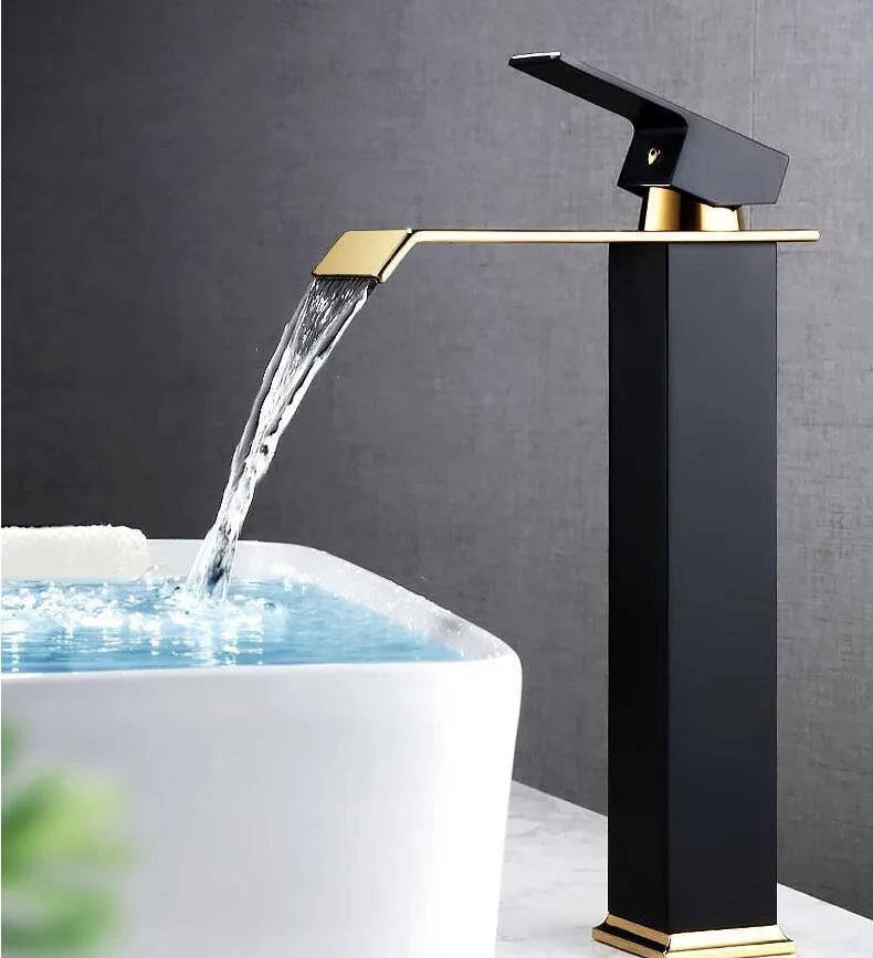 Basin Faucet Gold Black Waterfall Faucet Brass Bathroom