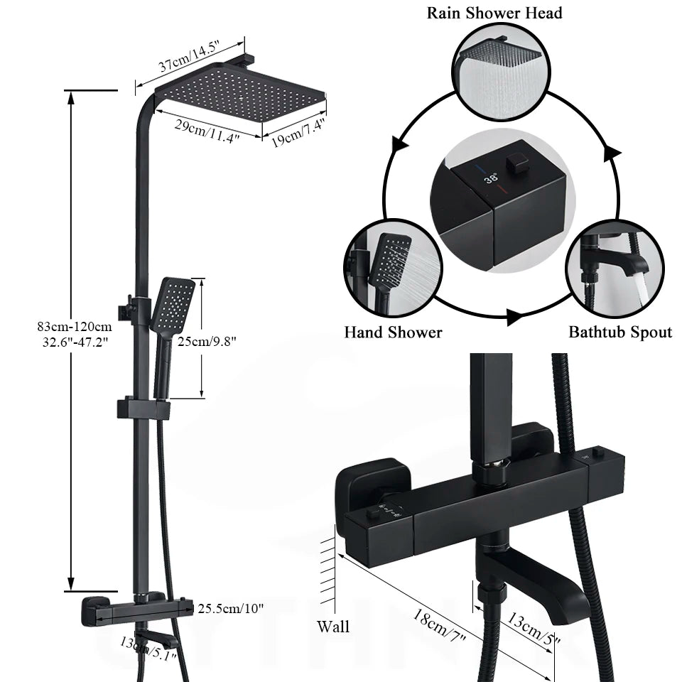 Bathroom Thermostatic Shower Faucet Rainfall Head Wall Mounted