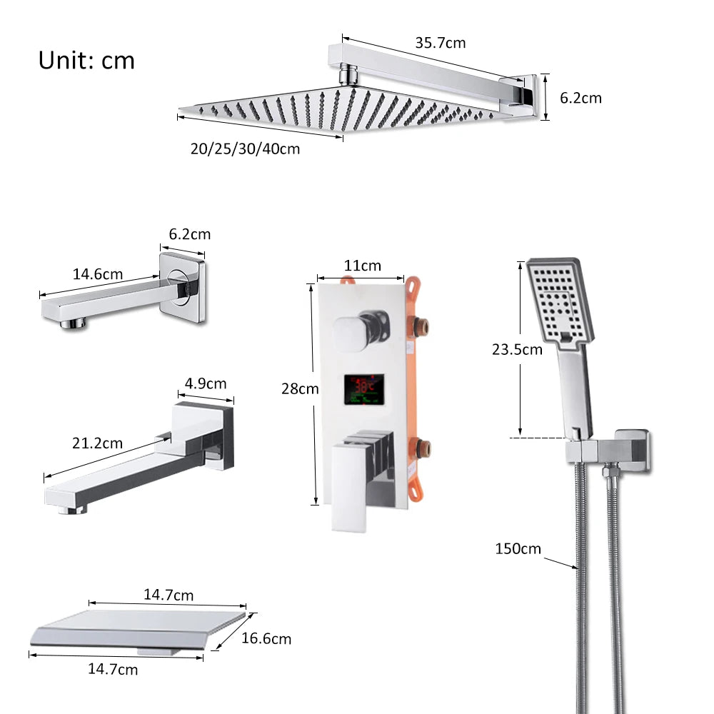 Chrome Bathroom Digital Display Shower Faucet Rainfall Shower