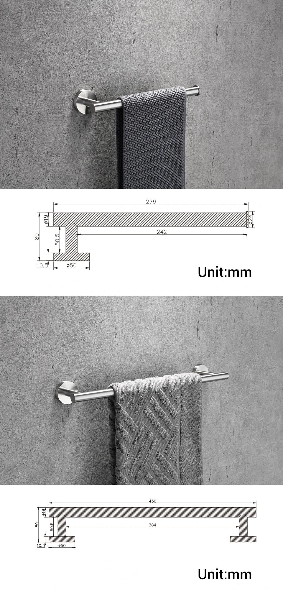 Bathroom Hardware Kit Brushed Stainless Steel Round Wall