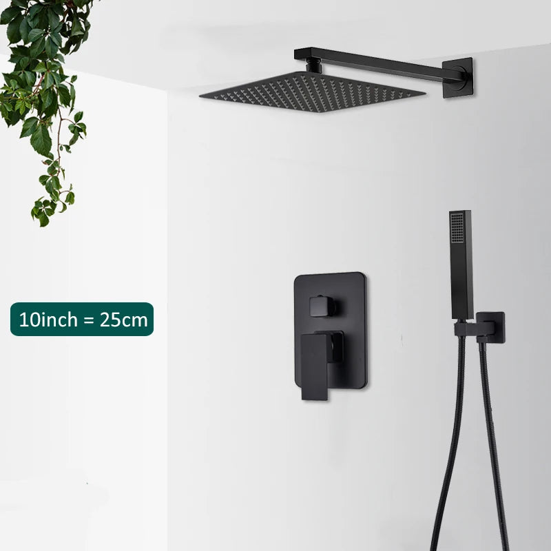 Black Concealed Shower System Rain Waterfall Bathroom Embedded