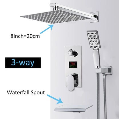 Chrome Bathroom Digital Display Shower Faucet Rainfall Shower
