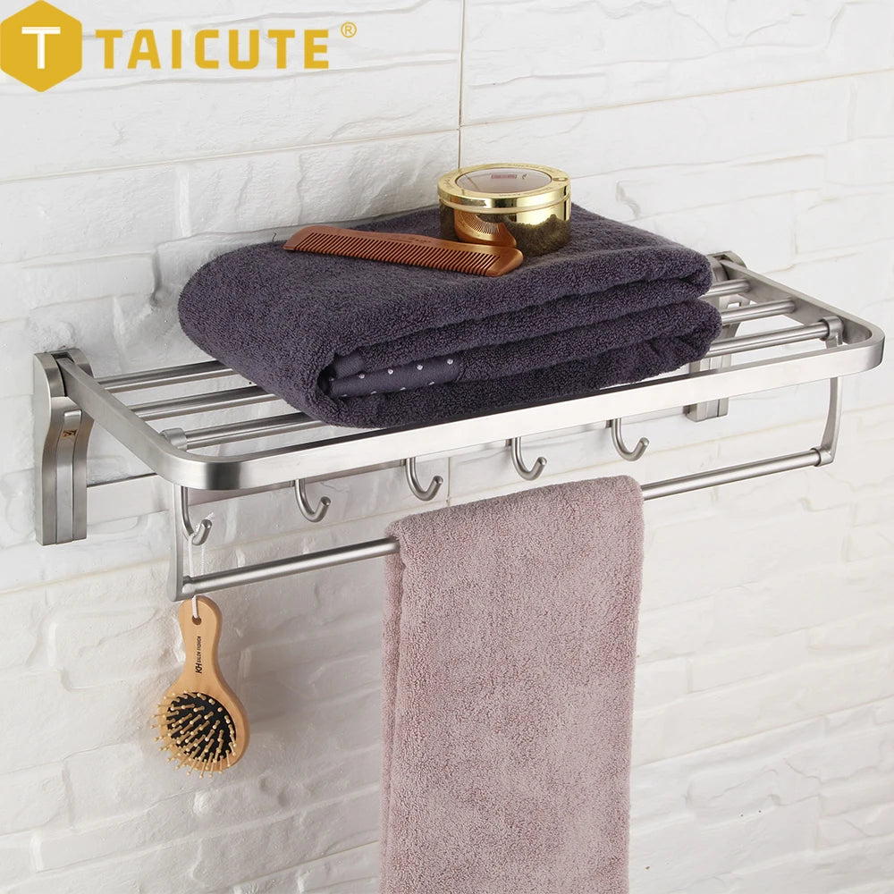 Taicute Towel Rack Shelf Hooks Movable Bar Sus