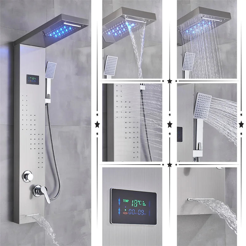 Black/Brushed Bathroom Shower Faucet Led Rainfall Head Shower