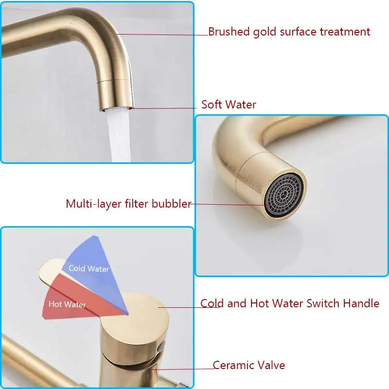 Brushed Gold Sink Faucet 360 Rotation Folding Faucet