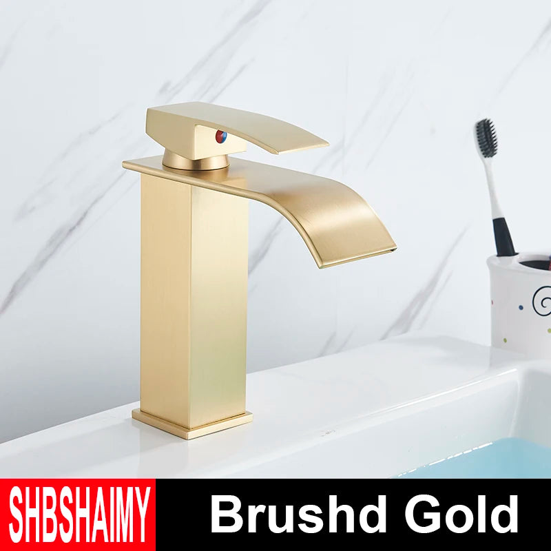 Brushed Gold Bathroom Basin Faucet Deck Mounted Waterfall