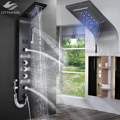 Luxury Black/Brushed Bathroom Shower Faucet Led Rainfall Shower
