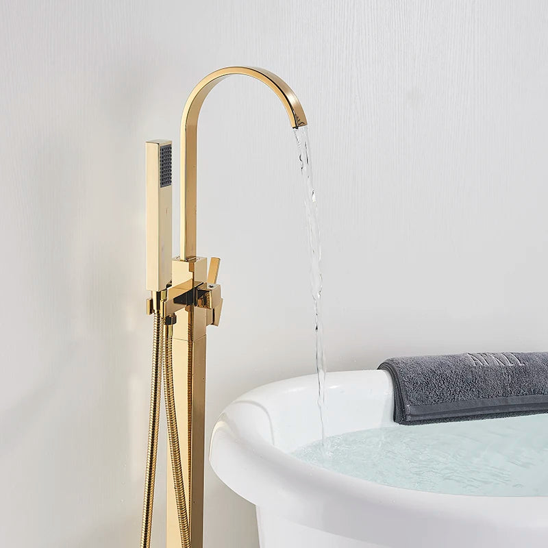 Shbshaimy Golden Floor Bathroom Bathtub Faucet Handshower Cold