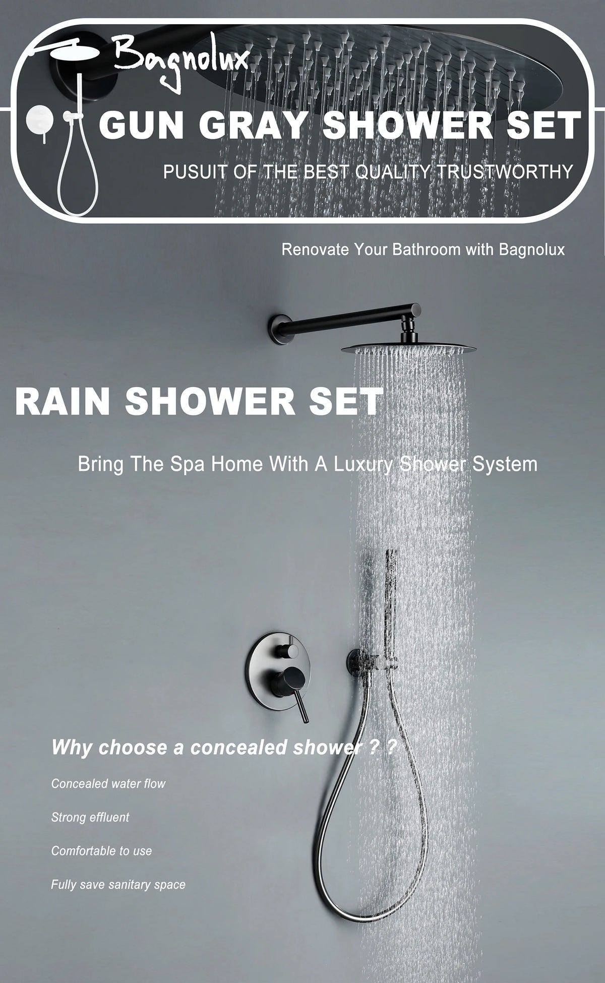 Black Bathroom Shower Faucet Wall Mount Rainfall Shower
